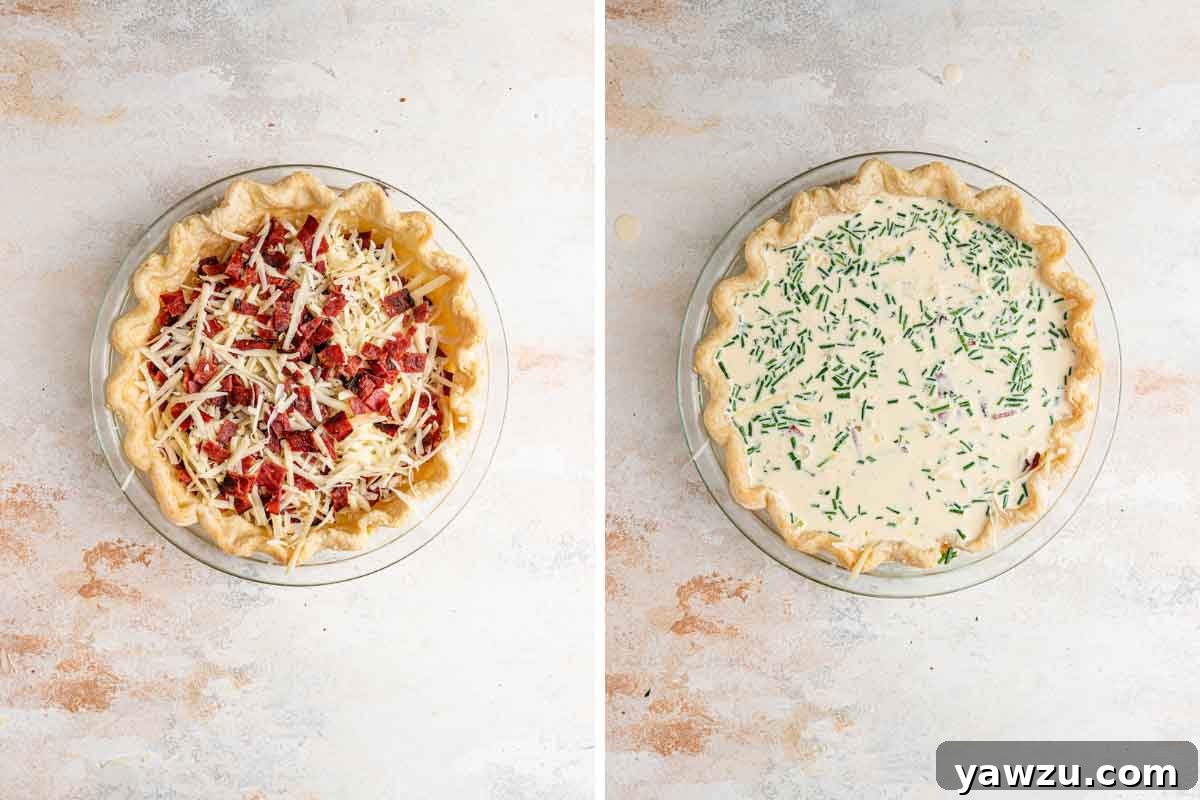 Quiche Lorraine filling poured into a par-baked pie crust.