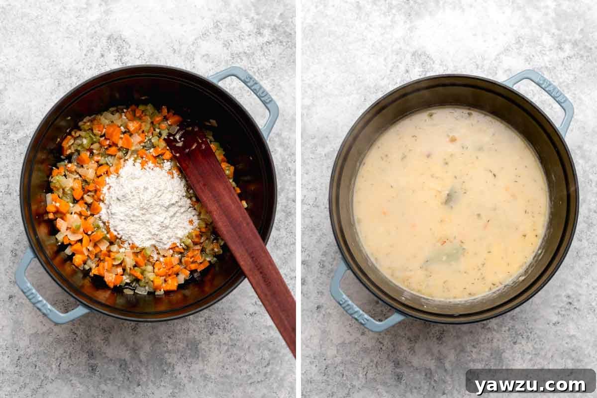Side by side photos of vegetables being sauteed, flour mixed in, and broth and cream added to pot.