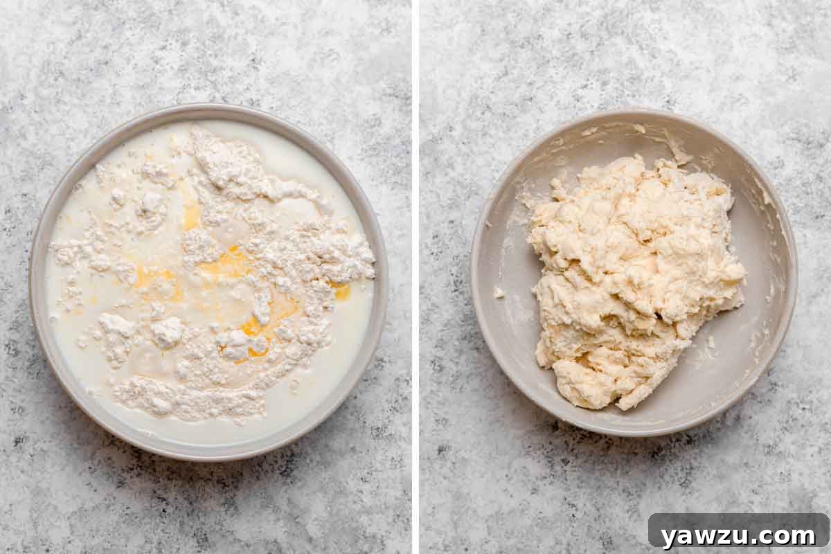 Side by side photos of mixing together dumpling batter.