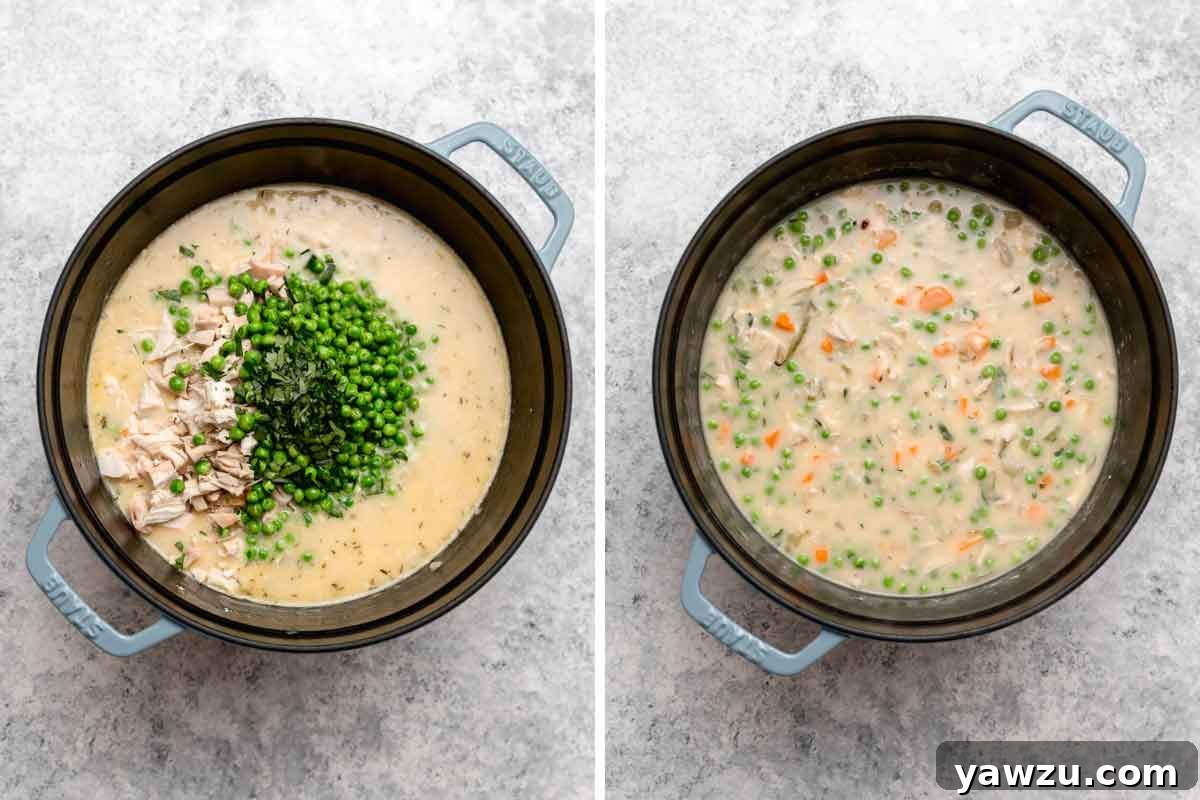 Adding chicken, peas, and parsley to the base stew for chicken and dumplings.