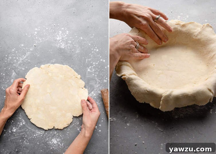 Fitting a round of pie dough into a pie plate.