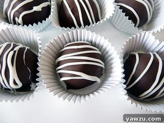 Six perfectly formed dark chocolate truffles nestled in decorative parchment candy liners on a white surface.