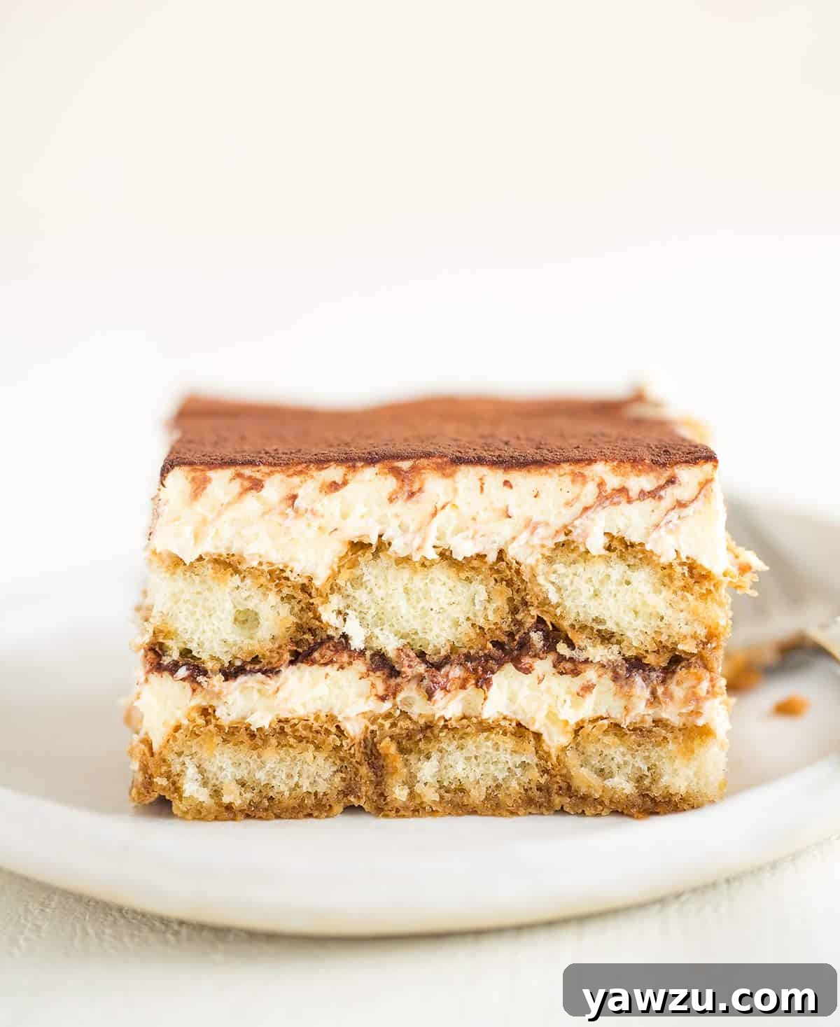 A white plate with a slice of tiramisu with the exposed layers showing on the side.