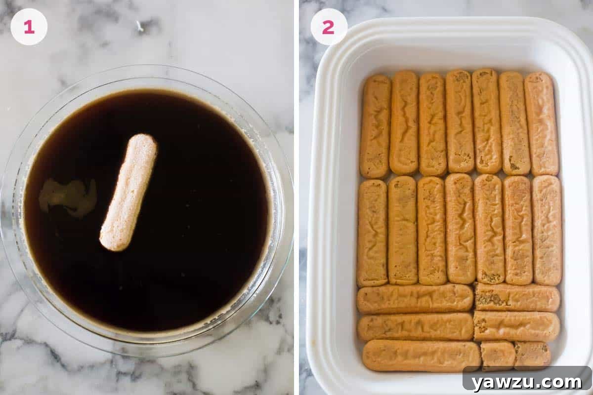 A bowl with the coffee mixture on the left with the number one and a rectangular baking dish on the right with soaked lady fingers and the number 2.