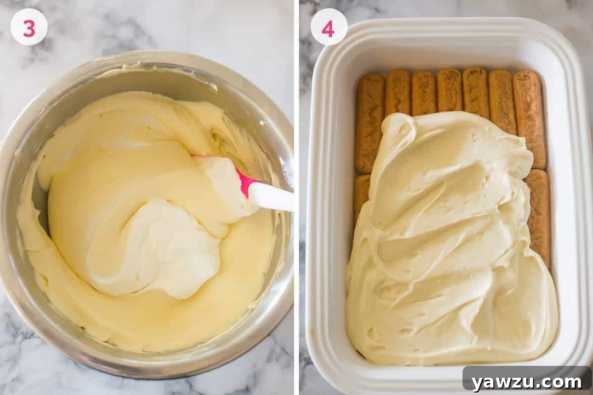 Two side by side photos. The one on the left shows a bowl with the mascarpone mixture and a spatula and the number 3. The one on the right shows the number 4 and a baking dish with a layer of ladyfingers topped with the mascarpone mixture.