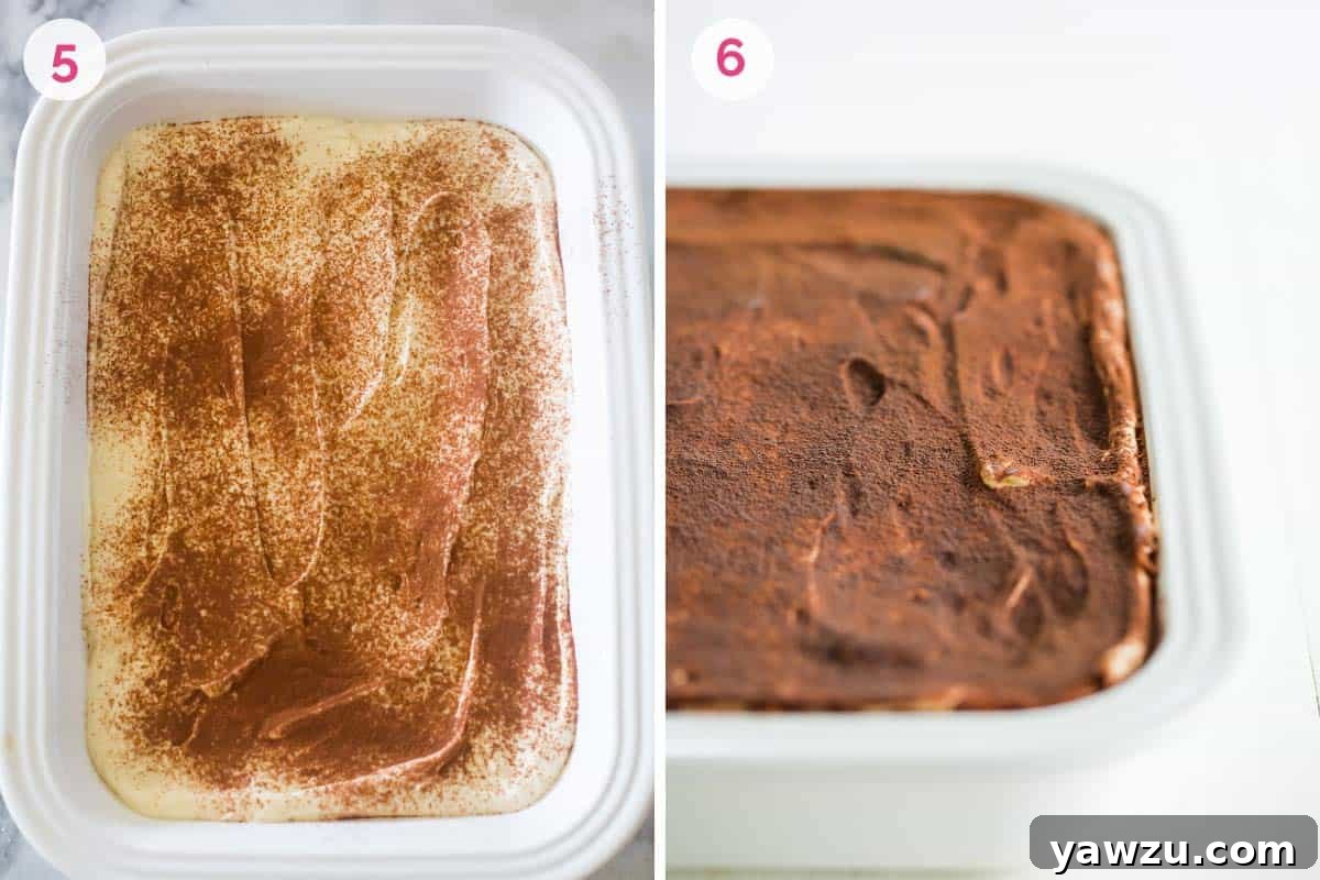 Two side by side photos. The one on the left shows the number 5 and a layer of mascarpone topped with cocoa powder the one on the right shows the number 6 and the finished tiramisu in the dish.