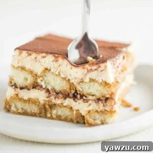 A white plate with a square slice of tiramisu and a fork in the front right corner.