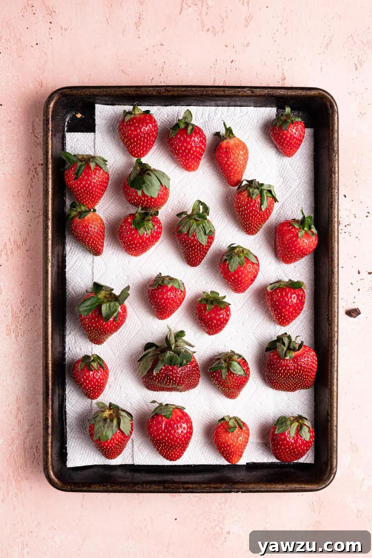 A white paper towel-lined baking sheet is neatly arranged with an assortment of glistening, fresh strawberries on a stylish pink counter, ready for the next step in the chocolate-dipping process.