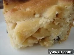 A close-up of a delightful slice of apple pie cake, showing the rich, spiced apple filling between two golden, crumbly crust layers, served on a white plate. A perfect homemade dessert.