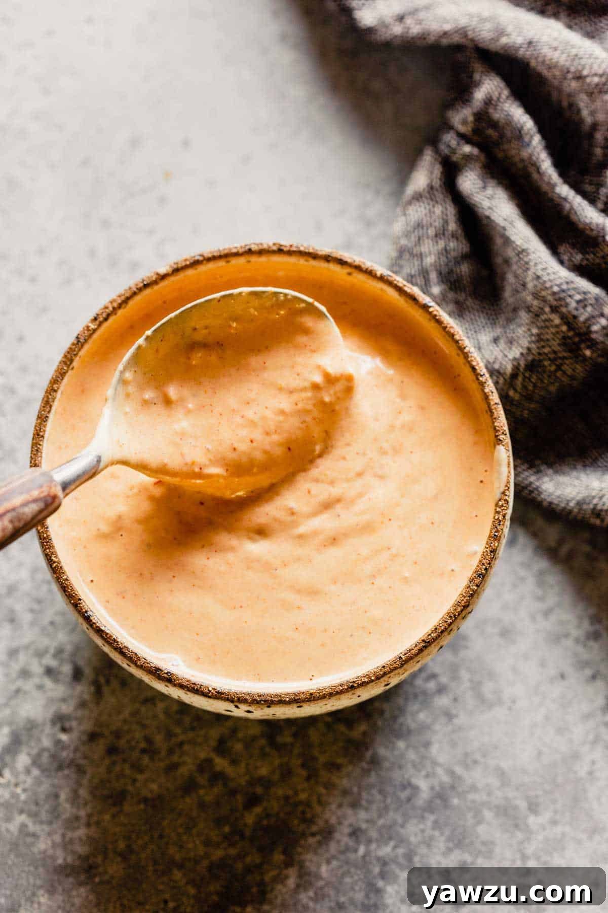 A bowl of Russian dressing with a spoon lifting some out of the bowl.