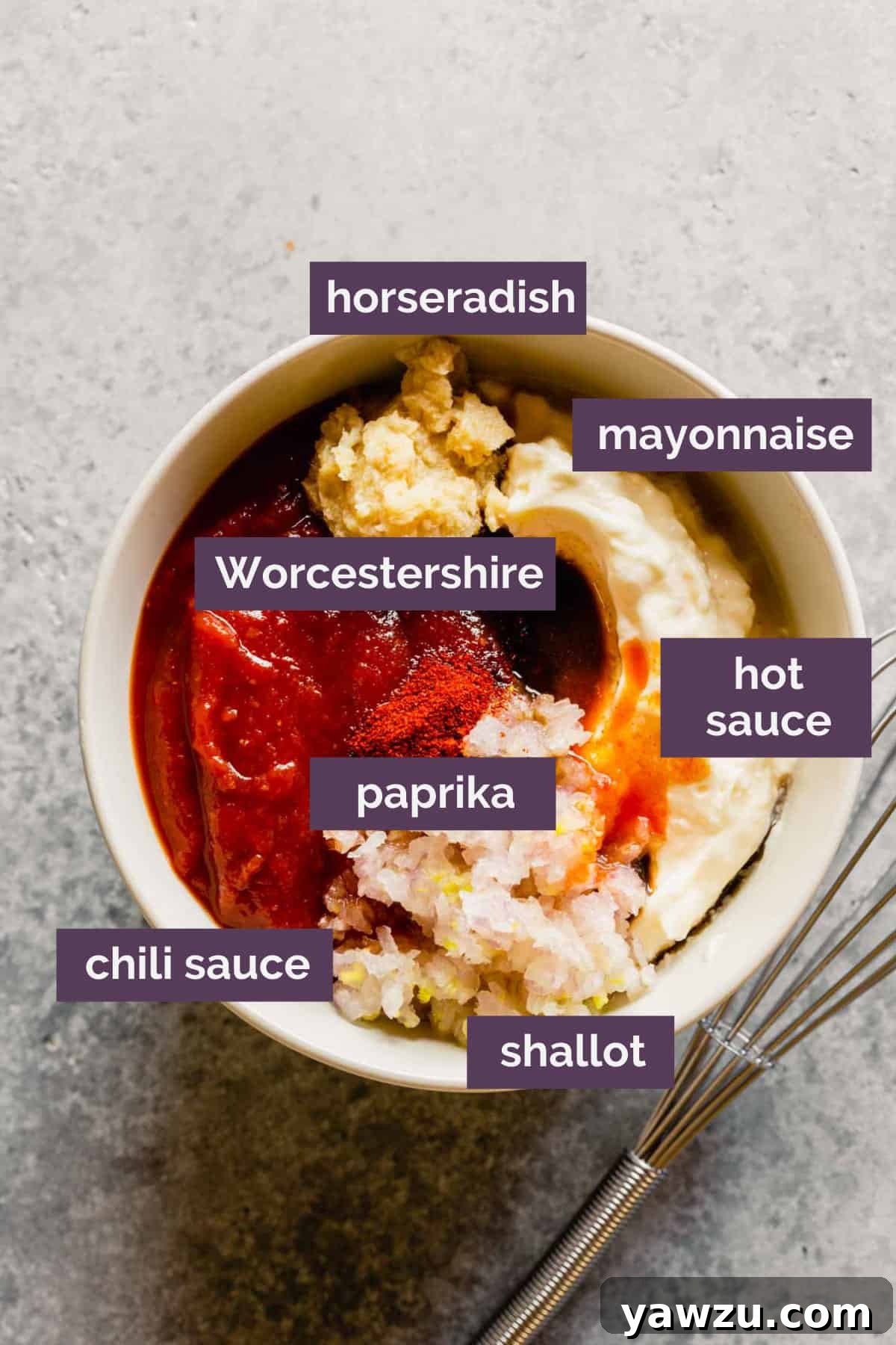 All of the ingredients for Russian dressing in a bowl with text labels.