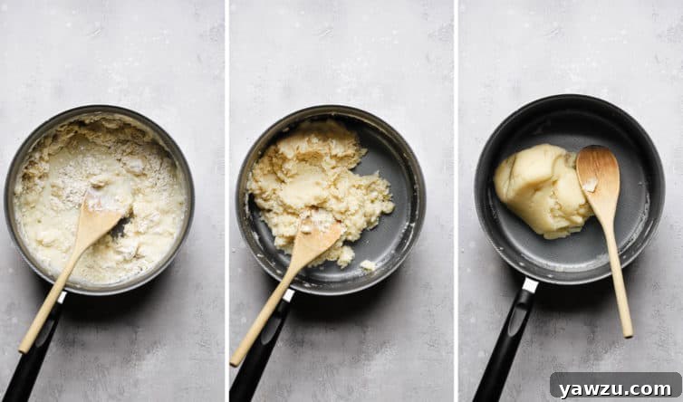 Stirring together choux pastry dough in a saucepan.