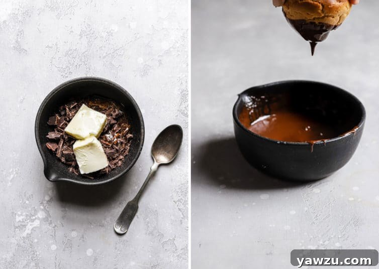 Side by side images of a black bowl with unmelted chocolate glaze on the left and melted chocolate glaze with a cream puff dipped in on the right.