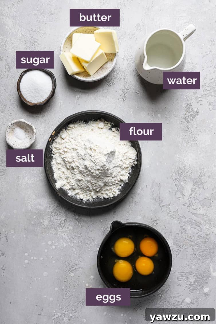 Ingredients for profiteroles on a white grey counter labeled with purple rectangles.