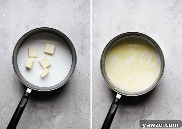Melting milk and butter in a saucepan.
