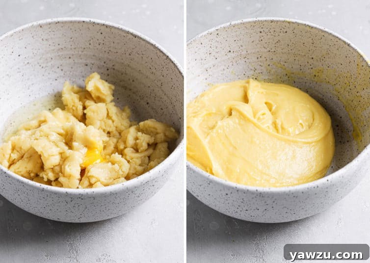 Mixing eggs into pate a choux dough.