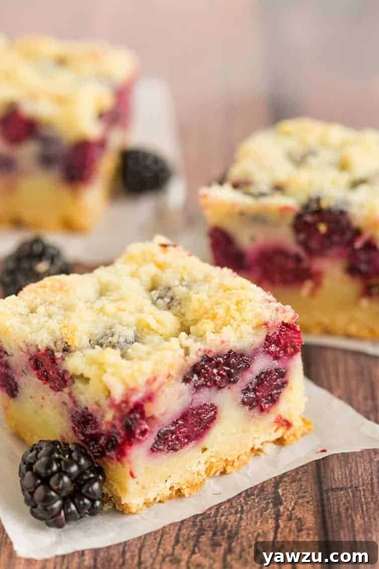 Three blackberry pie bars cut into squares, showcasing the layers.
