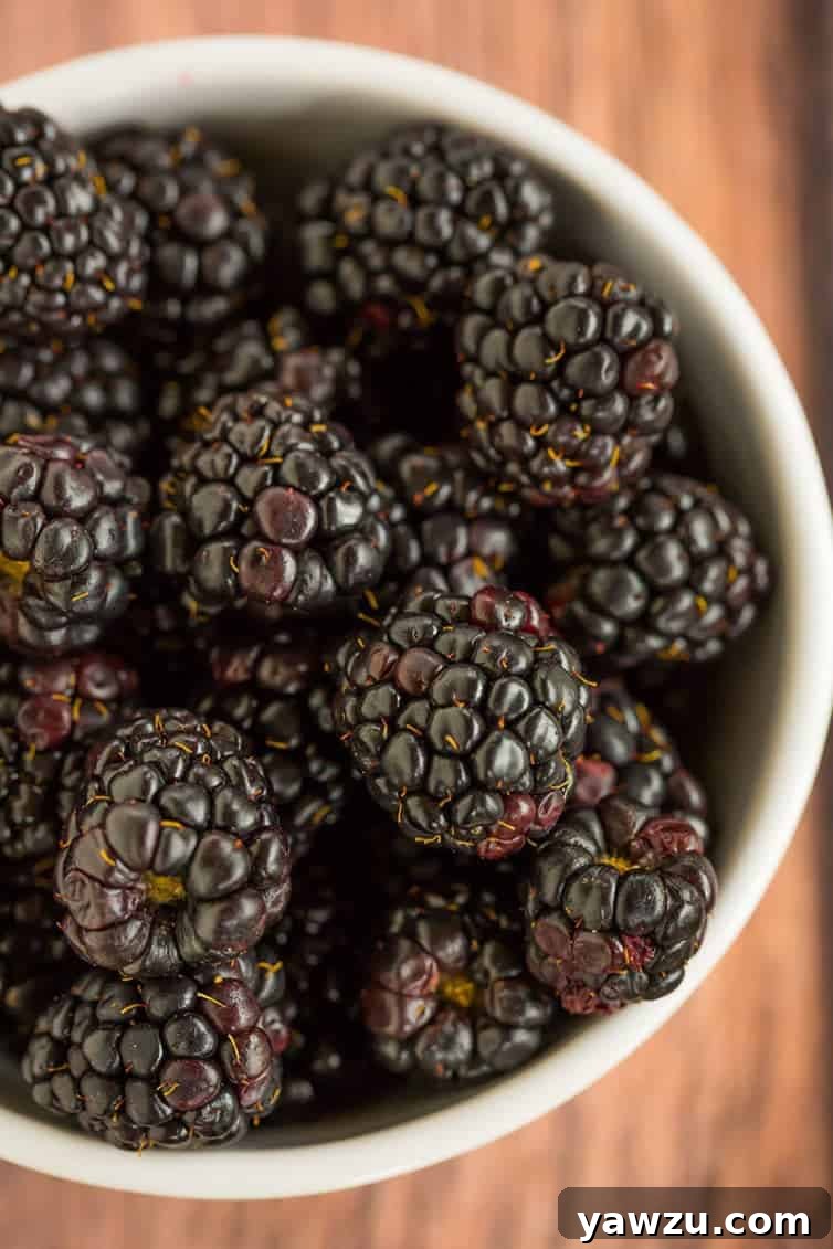 A big bowl of fresh, plump blackberries, ready for baking.