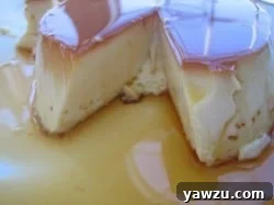 Close-up of a flan on a plate with a slice removed, revealing its smooth, creamy interior texture and caramel topping.