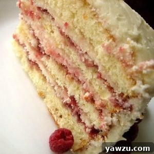 Slice of perfect party layered cake on a white plate.