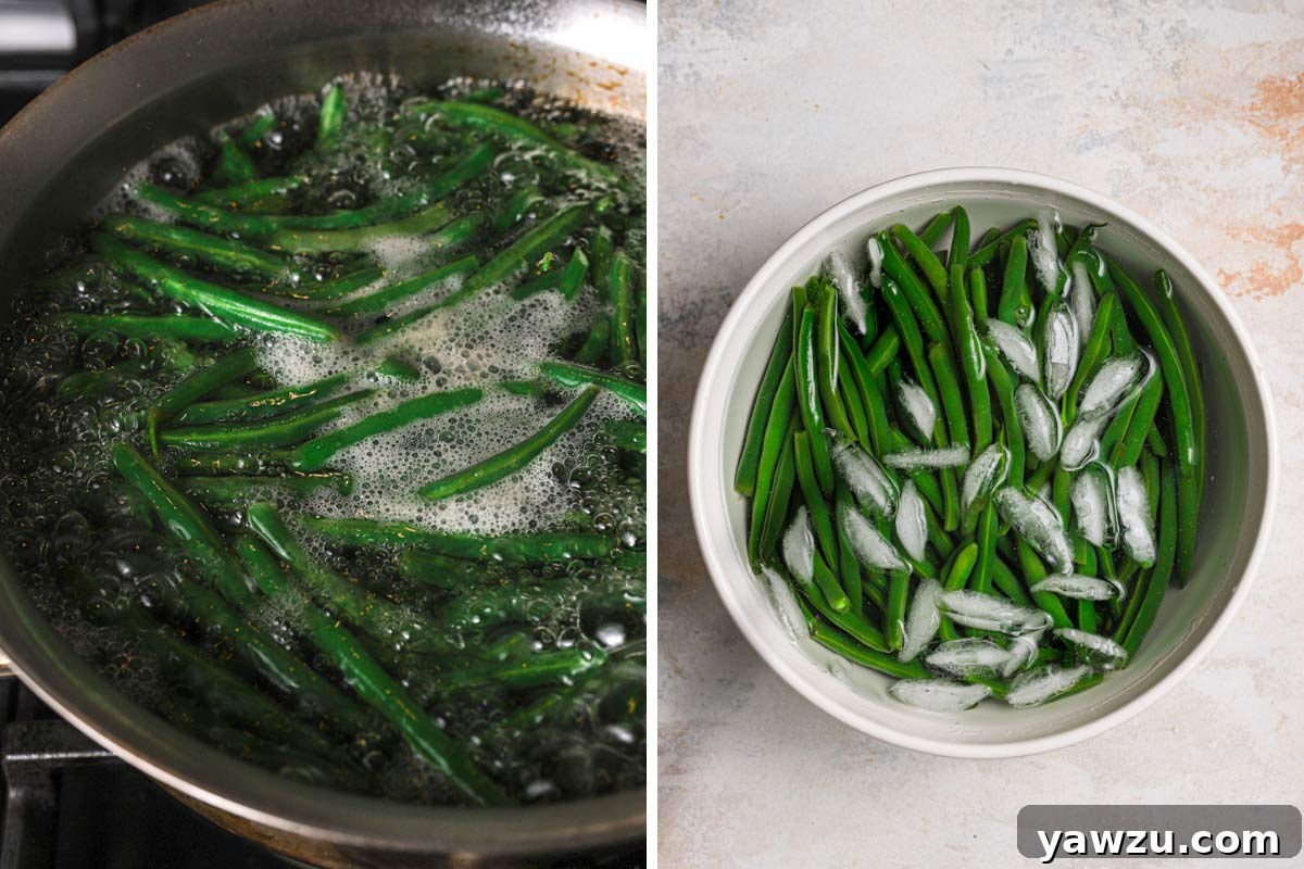 Two side-by-side photos showing the blanching process: green beans boiling in water on the left, and then submerged in an ice water bath on the right.