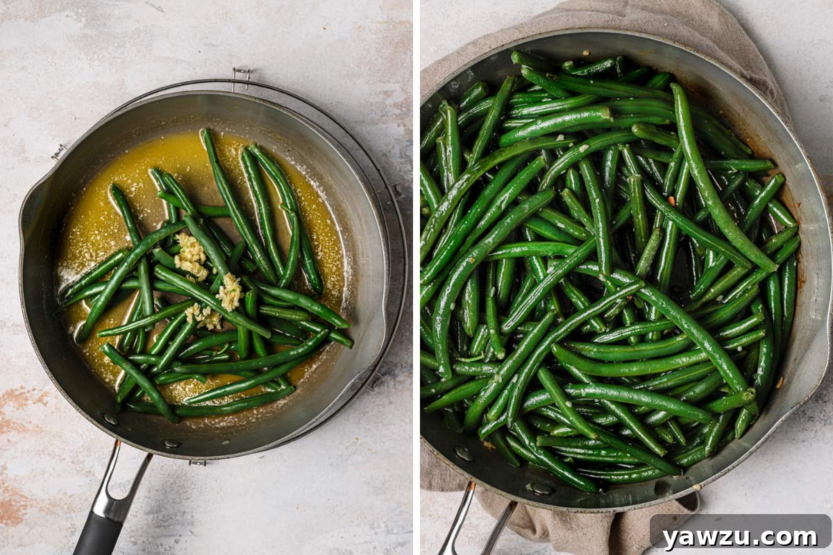 Freshly blanched green beans sautéing in a stainless steel skillet with melted butter and fragrant minced garlic.