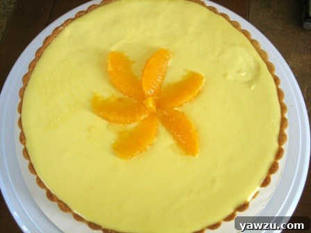 Overhead image of freshly baked orange cream tart garnished with vibrant orange slices on a pristine white plate, awaiting the first slice. The intricate fluted edge of the crust is visible, framing the smooth, glossy filling.