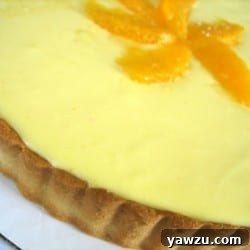 Fresh Orange Cream Tart on a white plate, ready to be served. Ideal for desserts.