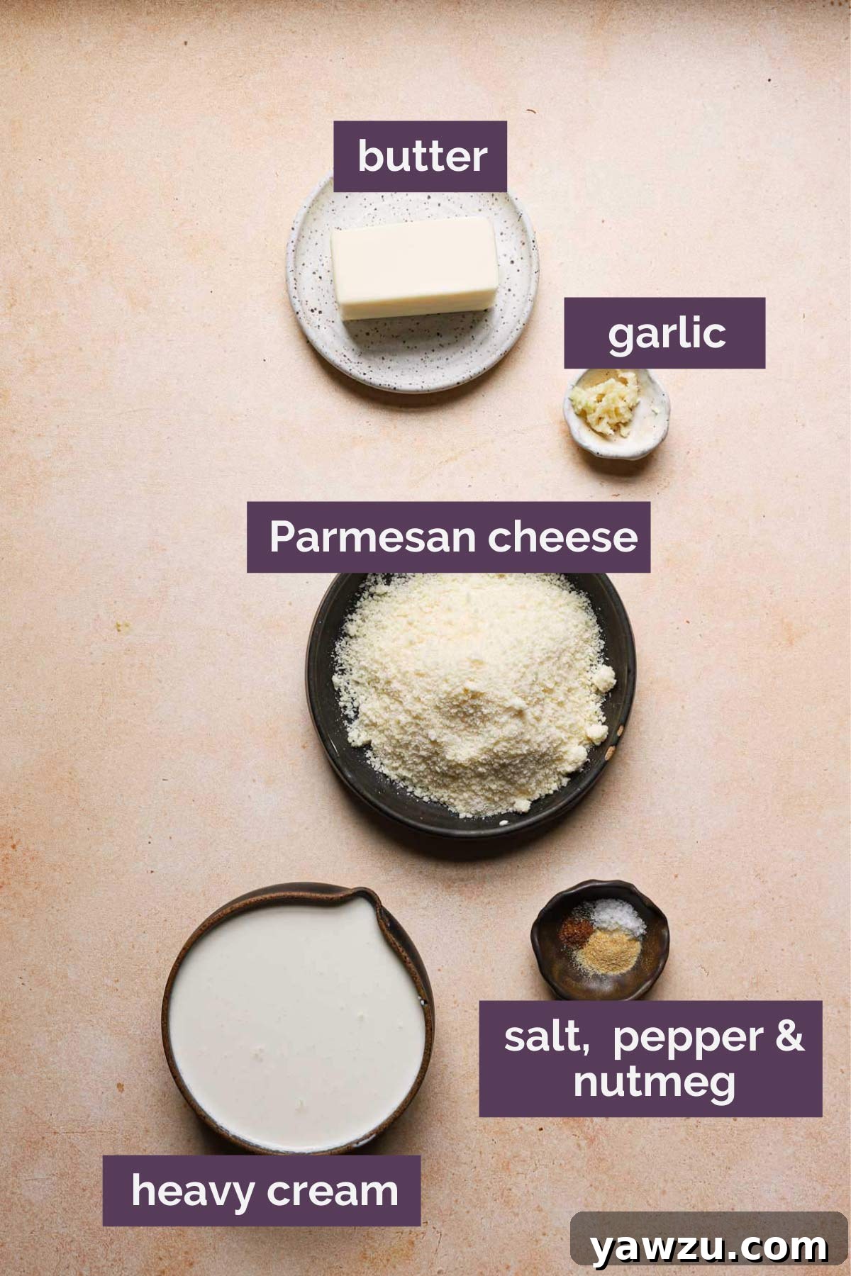 Ingredients for garlic Alfredo sauce prepped and labeled.