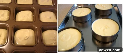 Two images side-by-side showing cheesecake batter poured into small muffin-style square tins and mini springform pans, ready for baking.