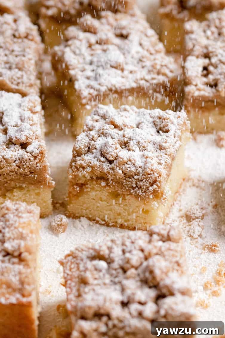 Crumb cake squares being sprinkled with powdered sugar.