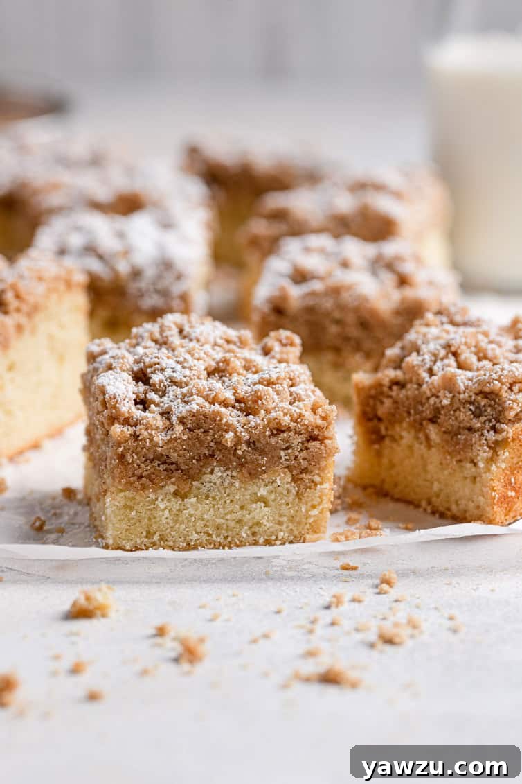 Squares of crumb cake on a surface with glass of milk in background.