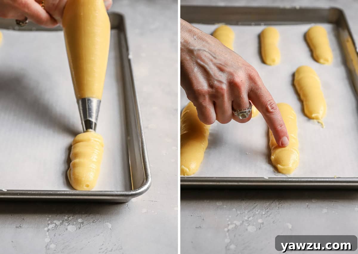 Side by side photos of how to pipe the pastry cream and how to pat down the eclairs.