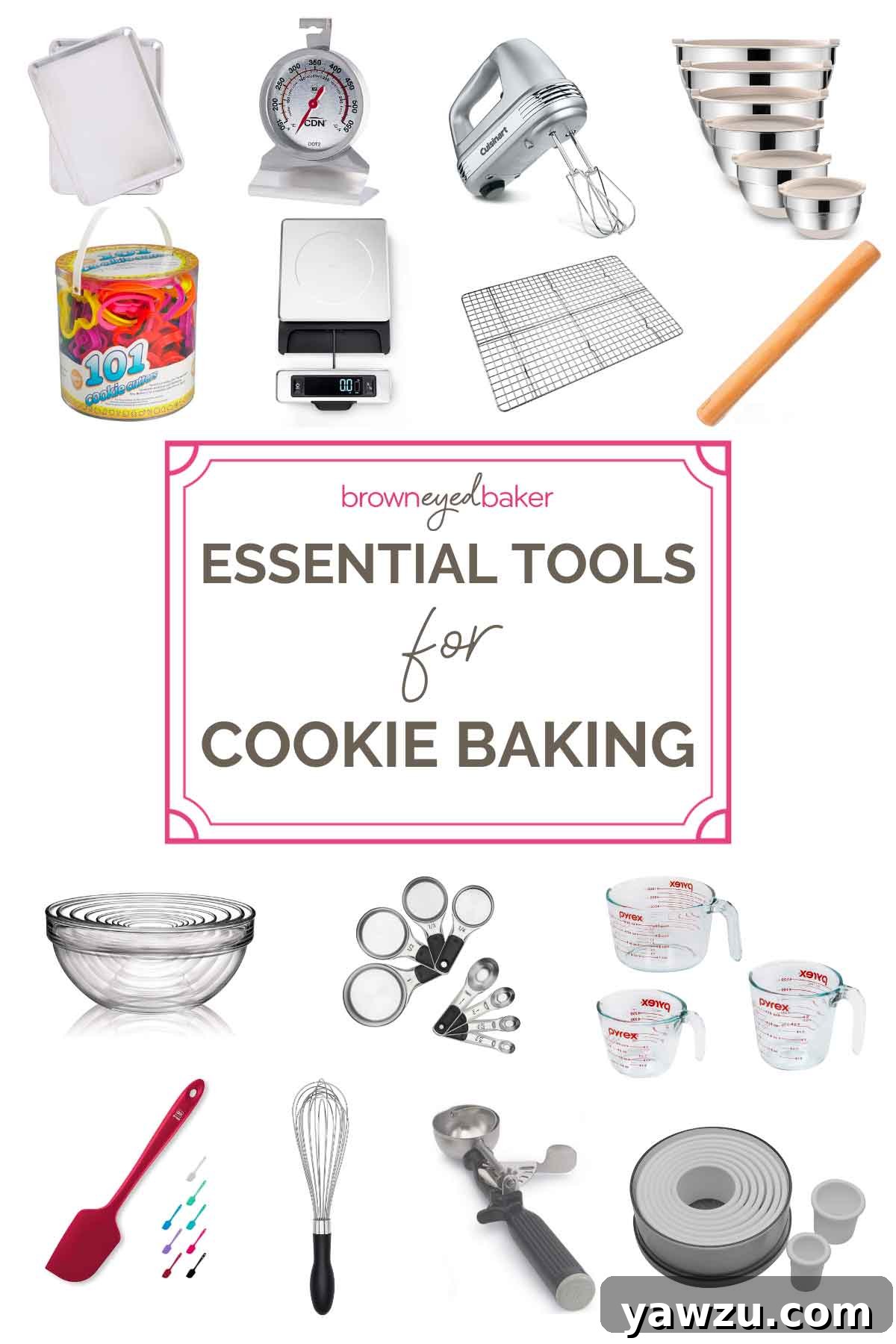 Collage of product photos with a pink frame in the center around the text "Essential Tools for Cooking Baking".