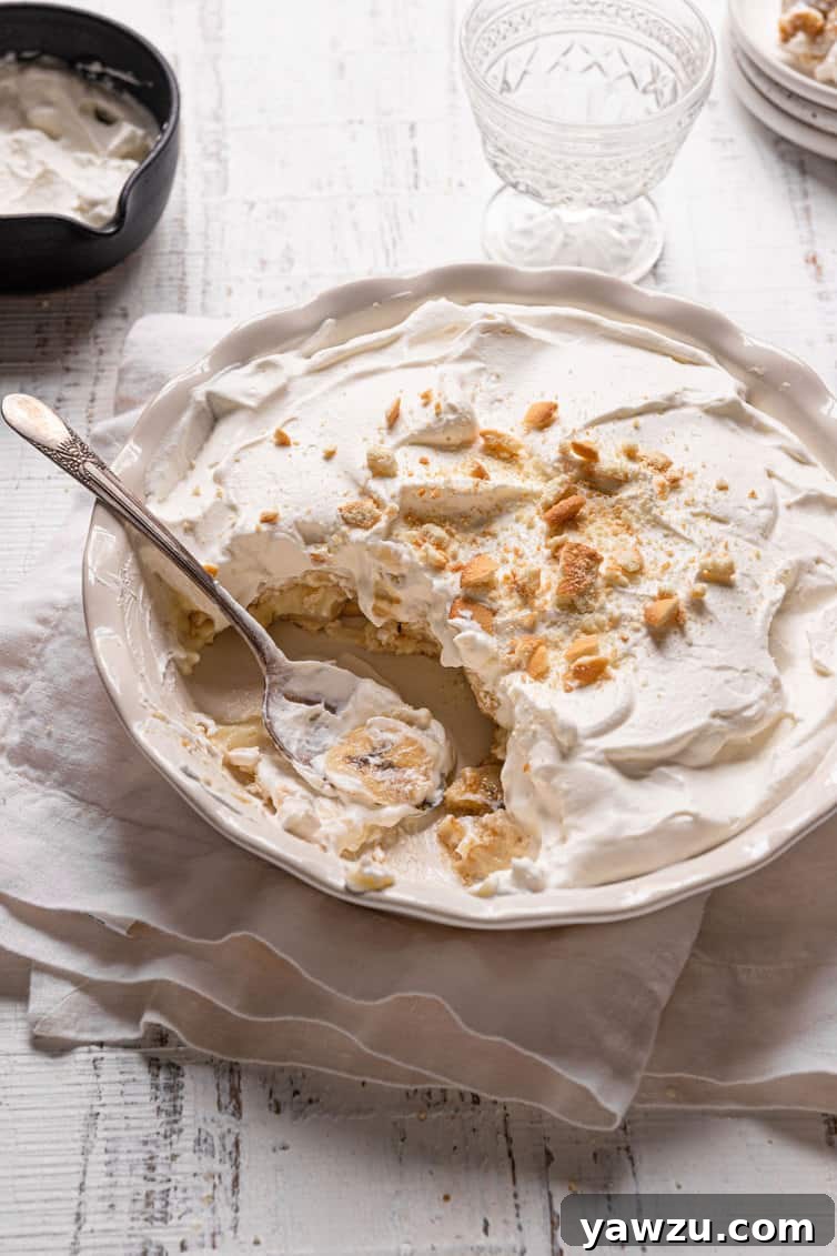 A pie dish of banana pudding with a scoop missing and a sliver spoon in place of the pudding.