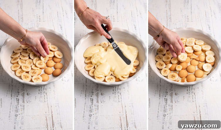 Side by side photos of the assembly of banana pudding.