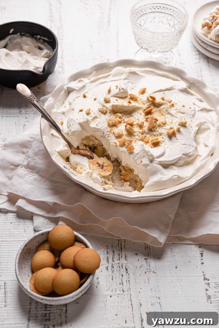 A spoon with a scoop of banana pudding in a pie pan with a small bowl of eggs in the bottom left.
