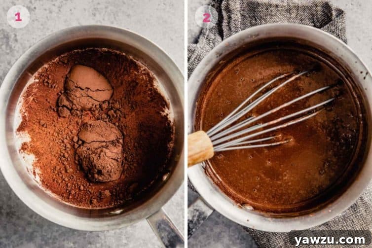 Two side-by-side photographs illustrating the initial stages of ice cream preparation: on the left, cocoa powder is being mixed with cream in a saucepan; on the right, chopped chocolate is melting smoothly into the warm mixture.