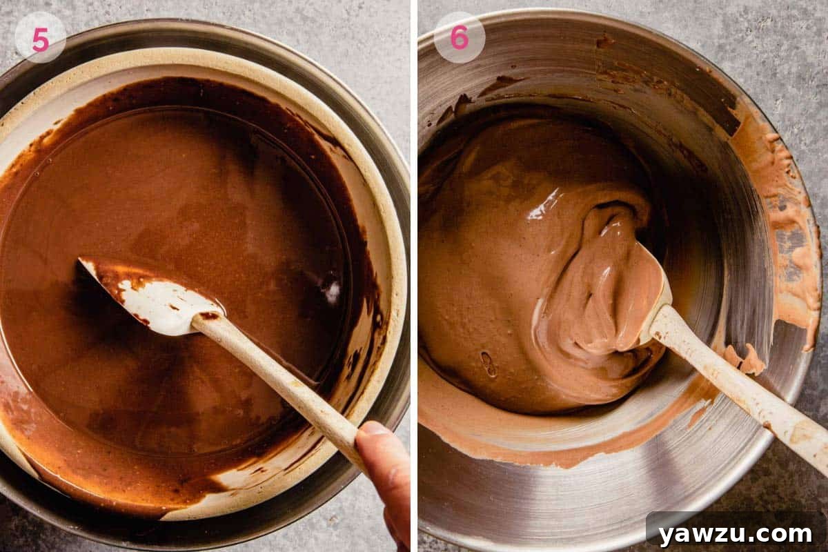 Two sequential images demonstrating the chilling process: first, the chocolate mixture is cooled over an ice bath; second, the mixture is shown chilling thoroughly in the refrigerator.