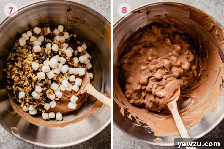 A diptych of images showing the final steps of making rocky road ice cream: on the left, the mix-ins are being folded into the churned ice cream; on the right, the finished rocky road ice cream is presented.