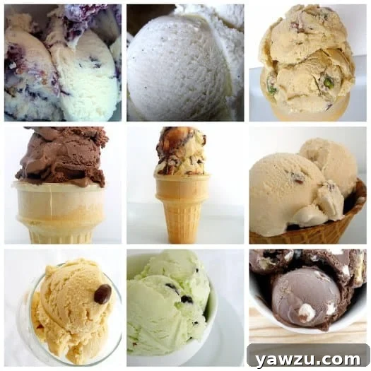 Collage of 9 images showing various scoops of ice cream flavors.