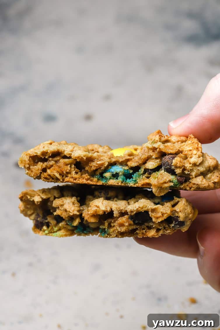 A cookie broken in half and the halves stacked together.