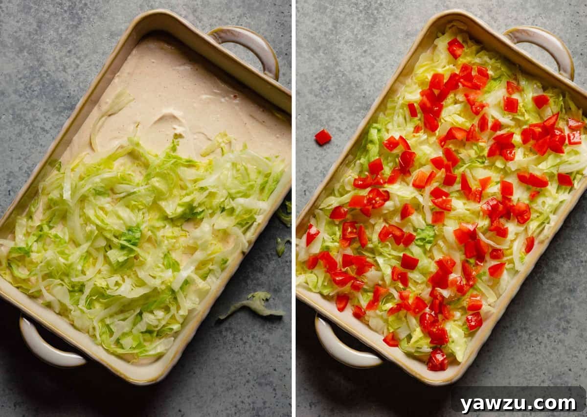 Side by side photo of toppings being added to the taco dip in a casserole pan.