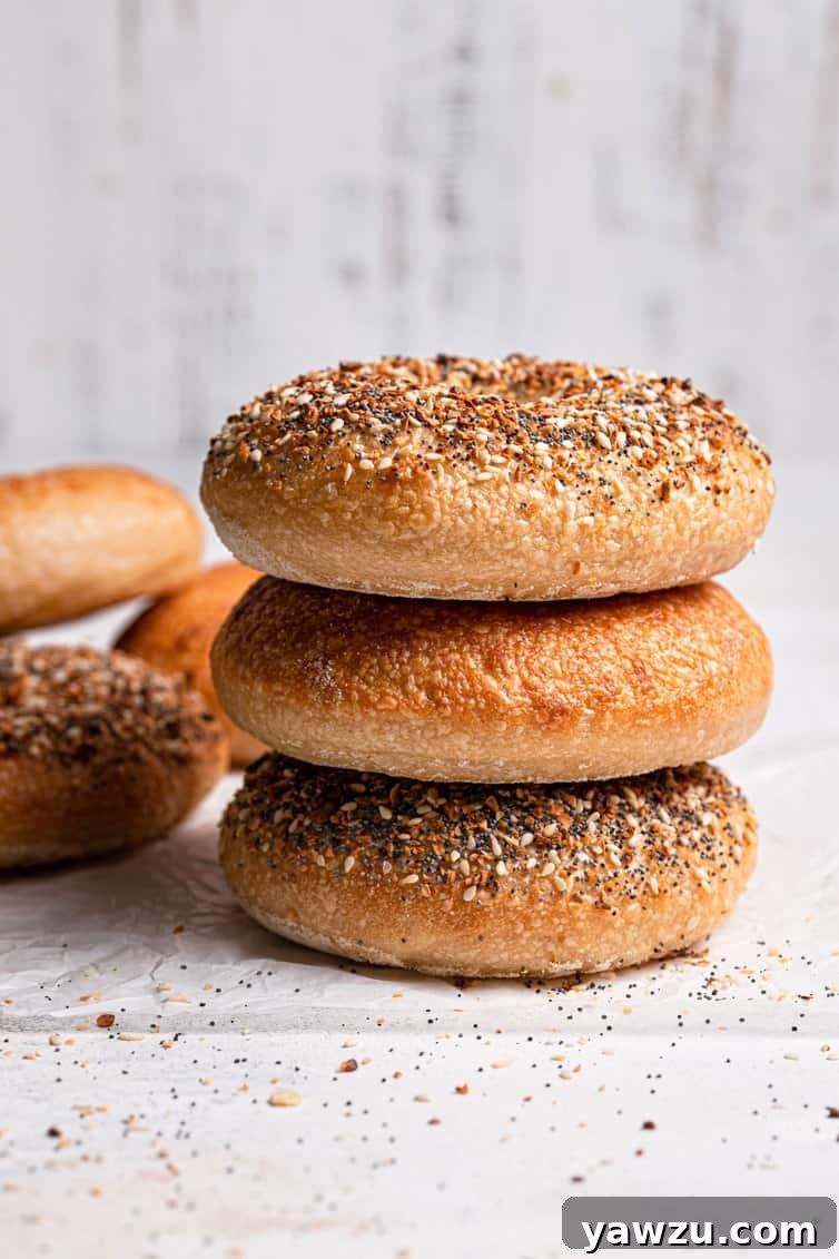 A stack of three perfectly baked homemade bagels on a kitchen counter.
