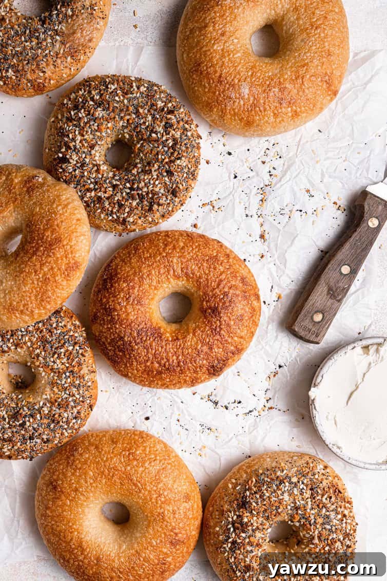 Homemade bagels displayed on a counter with a knife and cream cheese, ready to be enjoyed.
