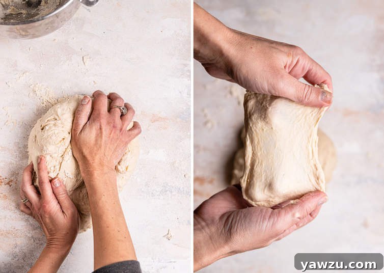Two images side-by-side: kneading bagel dough by hand, then performing a windowpane test to check gluten development.