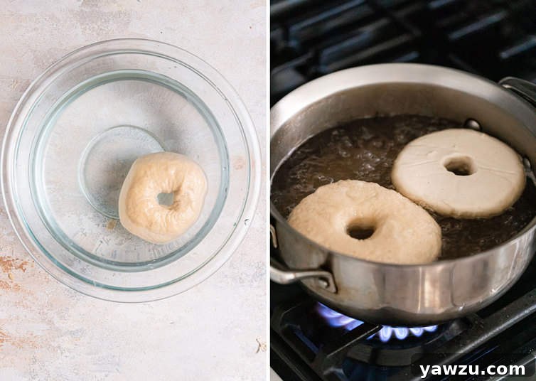 A sequence showing a bagel being dropped into boiling water, then actively boiling on the stovetop.