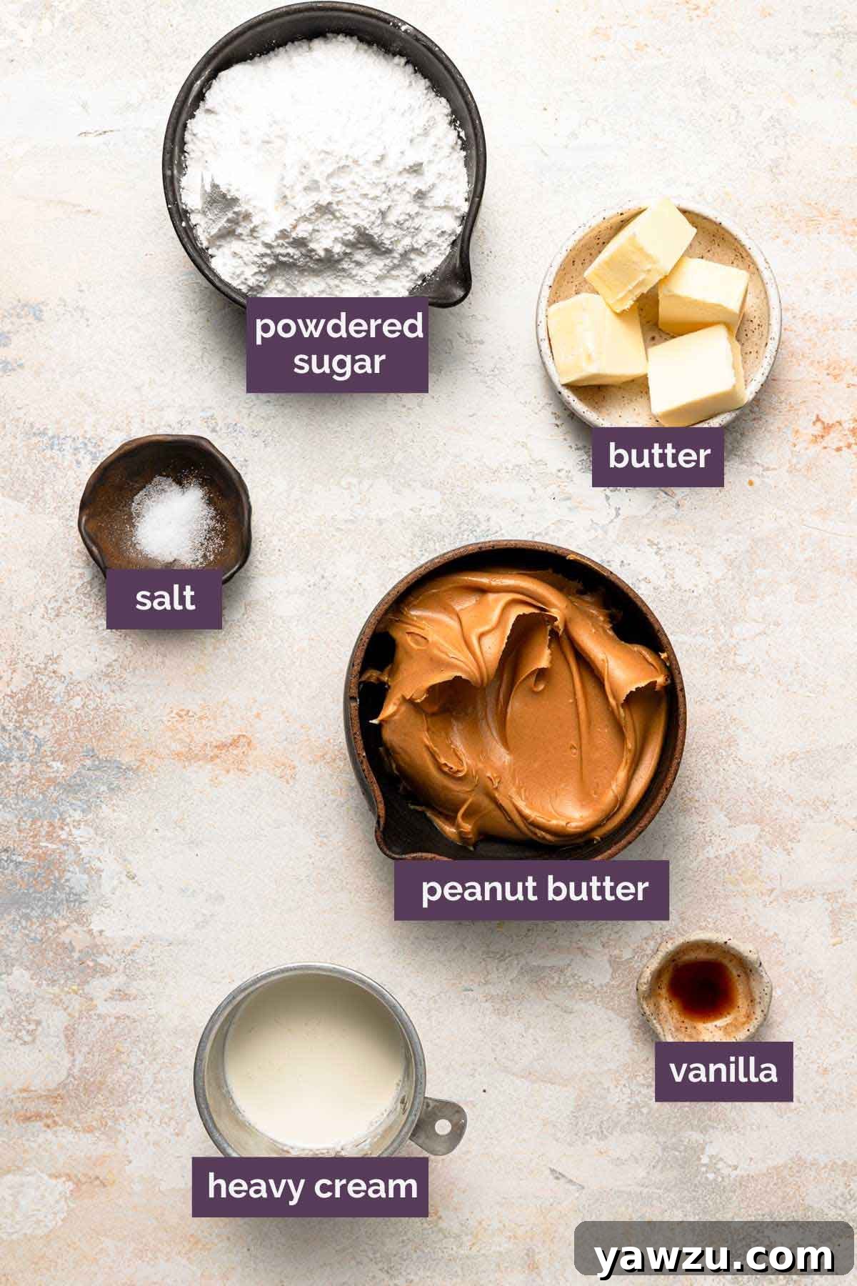 Ingredients for peanut butter frosting prepped in bowls and labeled.