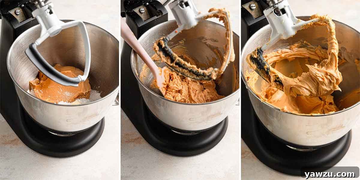 A trio of photos showing peanut butter frosting being mixed together in a stand mixer.