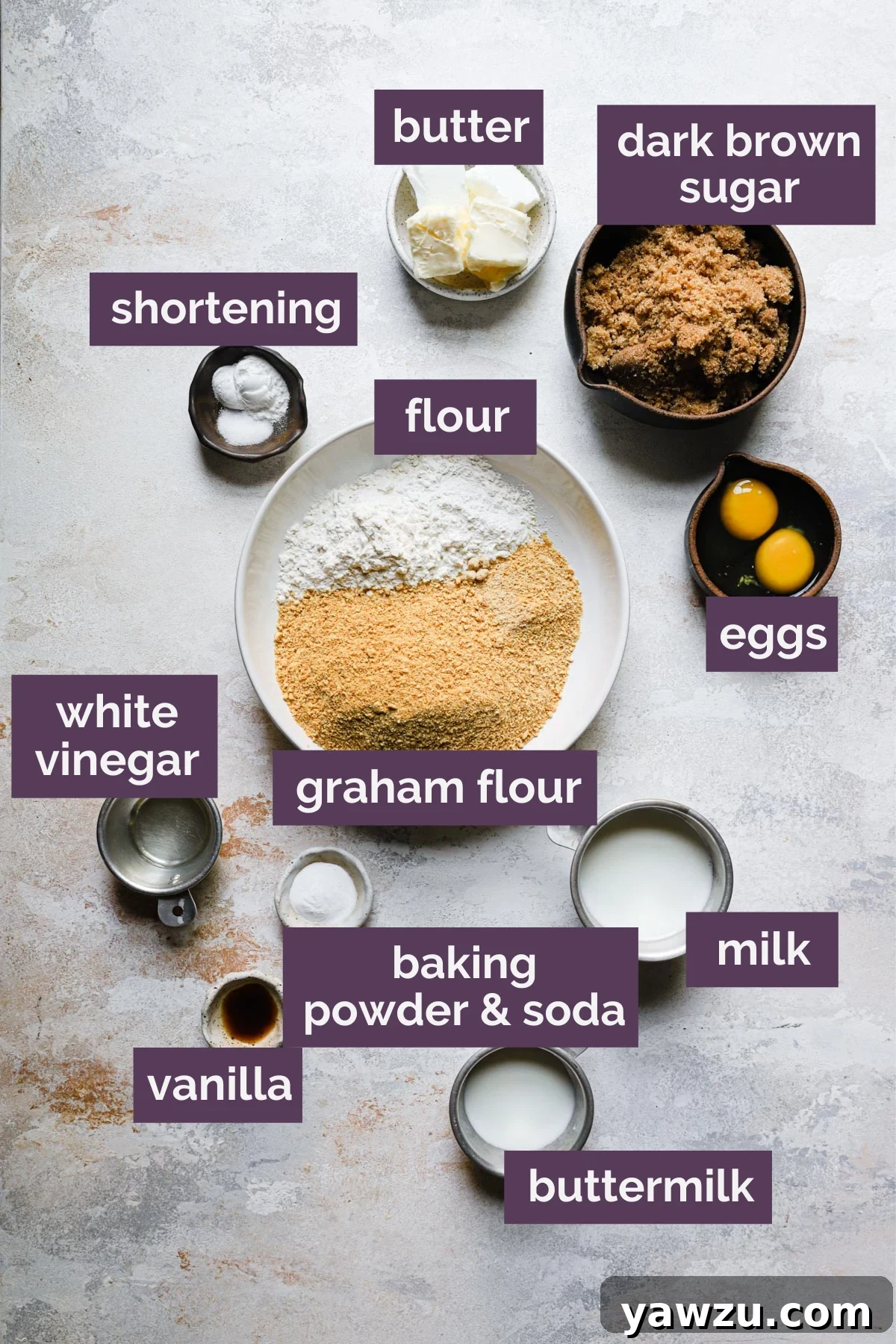 All the prepped ingredients for S'mores whoopie pies laid out and labeled for easy identification.